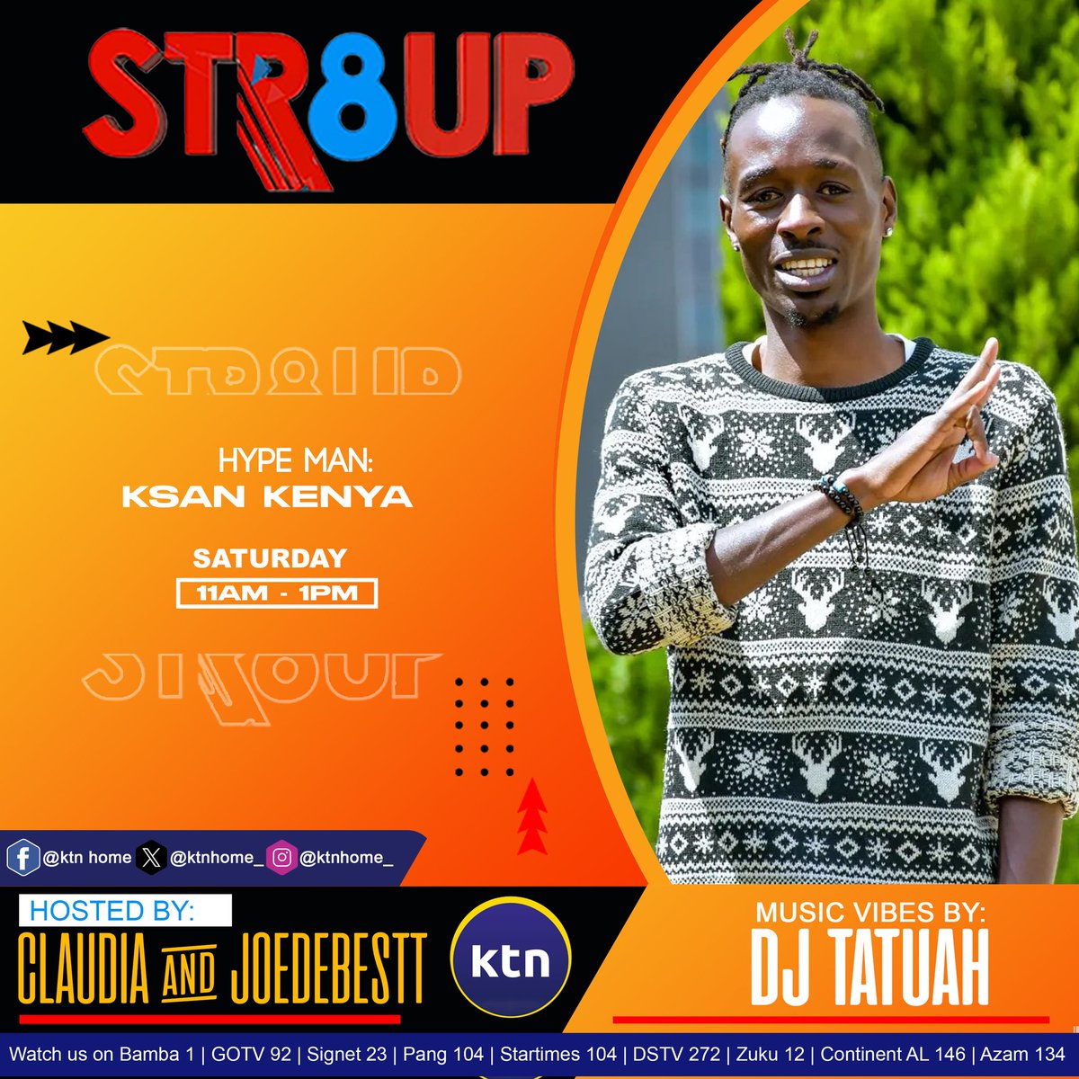 ksankenya's tweet image. Vaibuu tupu leo lazima tufukuze baridi. Niko ready to light up your Saturday tune on @ktnhome_ #Str8upLive team we will be live from 11am to 1pm it's all about you it's all about vibe with the Hype Master💪
You can also stream live on Ktn Home YouTube channel 
#ksan