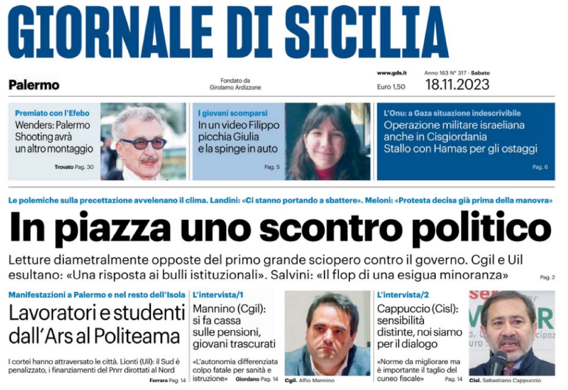 CislSicilia's tweet photo. Il segr gen #CislSicilia #SebCappuccio al @GDS_it "Sabato #25novembre saremo a Piazza Santi apostoli a Roma per pressare Governo e Parlamento ad apportare modifiche migliorative a legge di bilancio. Bisogna indicare strategia sviluppo pienamente partecipata da parti sociali"⬇ https://t.co/KmiXxTbbvN