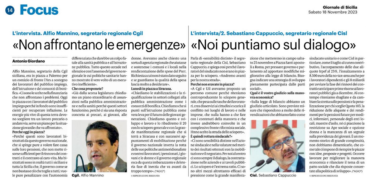 CislSicilia's tweet photo. Il segr gen #CislSicilia #SebCappuccio al @GDS_it "Sabato #25novembre saremo a Piazza Santi apostoli a Roma per pressare Governo e Parlamento ad apportare modifiche migliorative a legge di bilancio. Bisogna indicare strategia sviluppo pienamente partecipata da parti sociali"⬇ https://t.co/KmiXxTbbvN