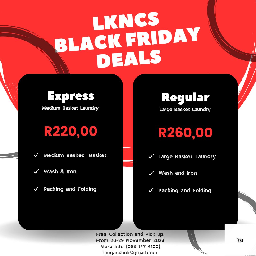 NkholiPty's tweet photo. Some say Black Friday and we say Big Black Week Deals. 🤫🙃

-Get access to our deals from Monday will the 29th of November 2023.

Up to 50% Off on both cleaning and laundry services. T&amp;C's Apply. 

Let's goo!! You do not want to miss out on this one. 🌟

#LKNCS #BlackFriday https://t.co/XYLnnZ3ped