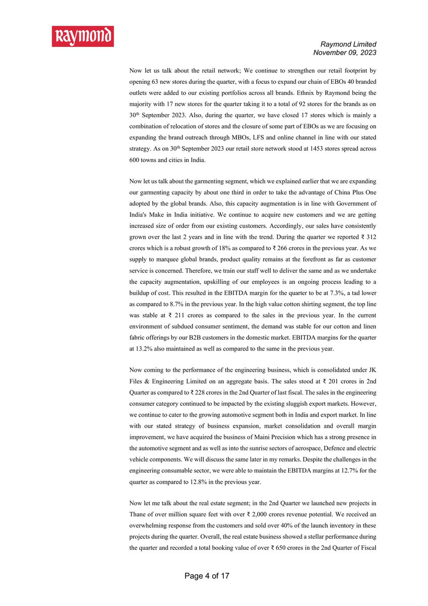VPickr's tweet image. #RAYMOND #EarningsTranscript | Raymond
8.1% above 200DMA | -20.4% below 52W High | Stock in Consolidation🚧 About Transcript
nsearchives.nseindia.com/corporate/RAYM…