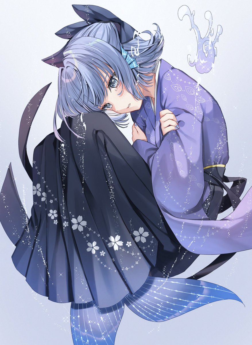 1girl solo japanese clothes head fins blue hair kimono mermaid  illustration images