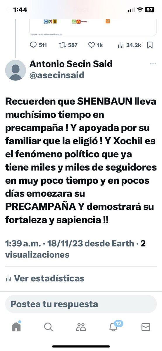 Gurú Político incondicional de la 4- T y Morena, publicó que Shenbsun va35 puntos arriba de Xiichil Galvesxel fenómeno político actual de una INDÍGENA QUE LKEGARAASER ORESIDENTA DE Mexico en una elección ciudadana !!!!!!!!!!!!!!!!