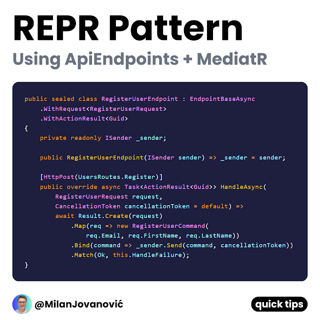 mjovanovictech's tweet photo. What is the REPR design pattern?

It's often mentioned together with Vertical Slice Architecture.

REPR stands for Request-Endpoint-Response.

Endpoint is the important keyword here.
It should be the opposite of a Controller.
Controllers become bloated quickly.

What if you embrace API endpoints?

Your API is designed around individual endpoint classes. Each endpoint has a single method for handling requests and can define an optional request or response.

REPR is a much simpler way to develop APIs.

P.S. If you enjoyed this, you will love The .NET weekly newsletter. More than 32,000+ engineers already read it.

Subscribe here: https://t.co/xip45XpWuB

Would you give REPR a try on your project?