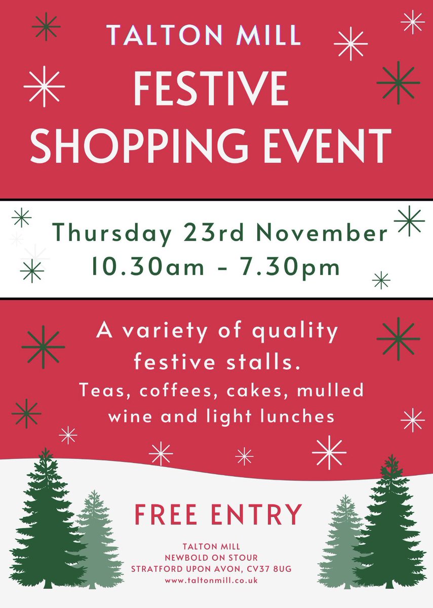 Come and join us this Thursday for our popular annual Festive Shopping Event. Doors open 10.30am and close 7.30pm. Eat, drink, shop and be merry! Talton Mill, Newbold On Stour, CV37 8UG. FREE ENTRY AND PARKING
<a href="/SUAHour/">#SUAHour</a> <a href="/EventsWhatsOn/">Stratford upon Avon</a> #Christmas2023 #shopping