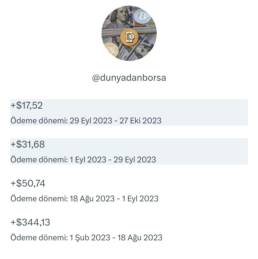 Borsa Dünyası (@dunyadanborsa) on Twitter photo Takipçim olan 5 kişiye twitterdan kazandığım toplamda 450$ hediye. Kişi başı 90$
1- Bu paylaşımı RT et
2- <a href="/dunyadanborsa/">Borsa Dünyası</a> ‘nın bildirimlerini aç.
2-Aşağıdaki hesapları takip et.
<a href="/brutaIcritic/">Efe Yakup Karahanlı</a>
<a href="/borsambogasi/">Borsa Boğası</a>
<a href="/winnerfinansci/">Kazanan Adam</a>
Sonuçlar perşembe akşam 22.00'da açıklanacak. Takipçim olan 5 kişiye twitterdan kazandığım toplamda 450$ hediye. Kişi başı 90$
1- Bu paylaşımı RT et
2- <a href="/dunyadanborsa/">Borsa Dünyası</a> ‘nın bildirimlerini aç.
2-Aşağıdaki hesapları takip et.
<a href="/brutaIcritic/">Efe Yakup Karahanlı</a>
<a href="/borsambogasi/">Borsa Boğası</a>
<a href="/winnerfinansci/">Kazanan Adam</a>
Sonuçlar perşembe akşam 22.00'da açıklanacak.