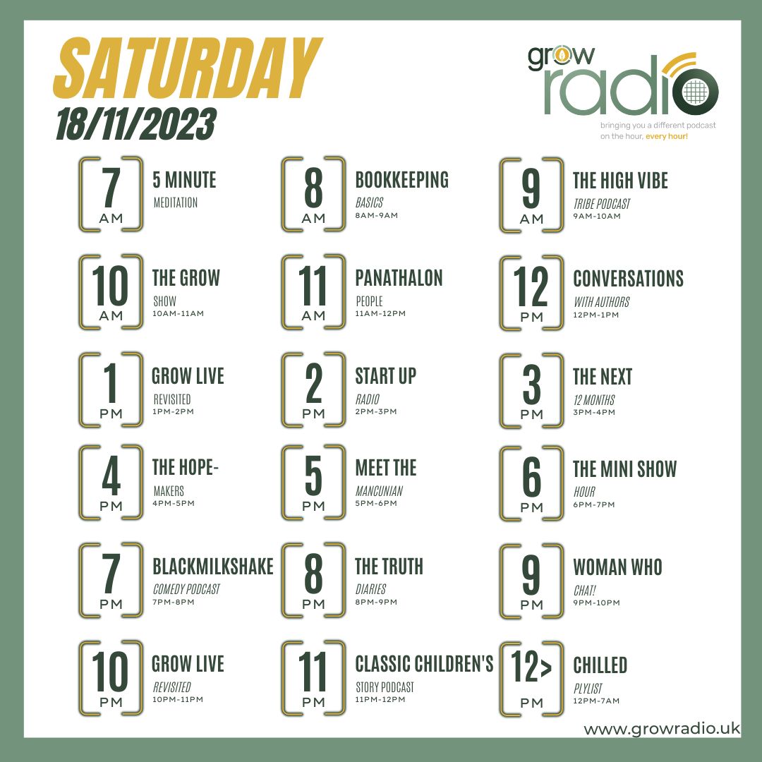 Come and take a look at the schedule for GROW Radio today!

#GROWRadio #Podcasts #ListenToday #PodcastIdeas #Business #Mindset #Office #Workspaceideas #interviews #radio #mustlisten #chilledmusic #podcastshow