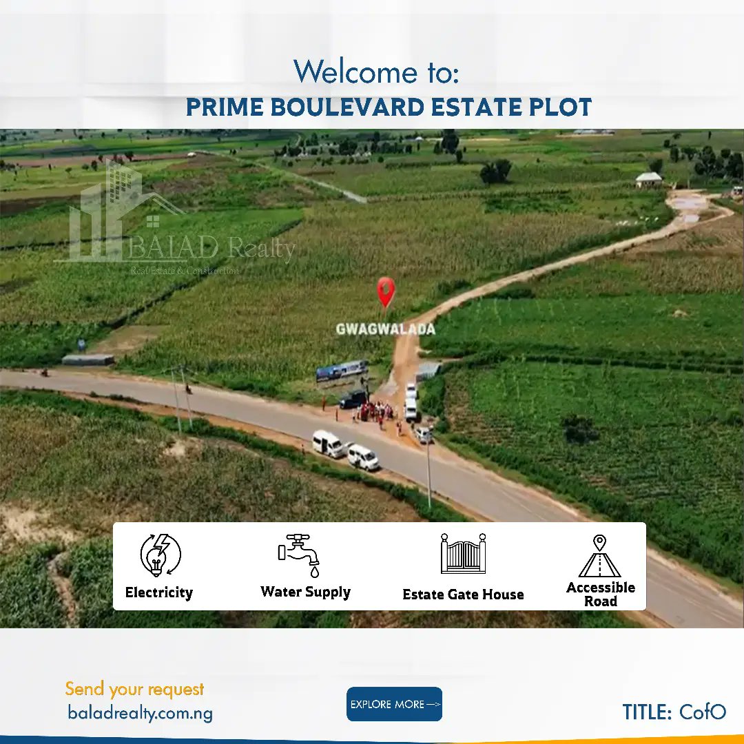 BaladRealty's tweet photo. *PRIME BOULEVARD ESTATE*
 TITLE :C OF O
 SIZES :500sqm
           1000sqm
*PRICE* N6M  
 *AMENITIES YOU CAN EXPECT* 
✅ Perimeter fencing
✅ Motorable &amp;Accessible Road
✅Estate Gate House
✅Electricity
✅Water Supply
 *NEIGHBORHOOD* 
✅ University of Abuja
✅Abuja Airport
✅ UATH https://t.co/Dj4ZLWPU66