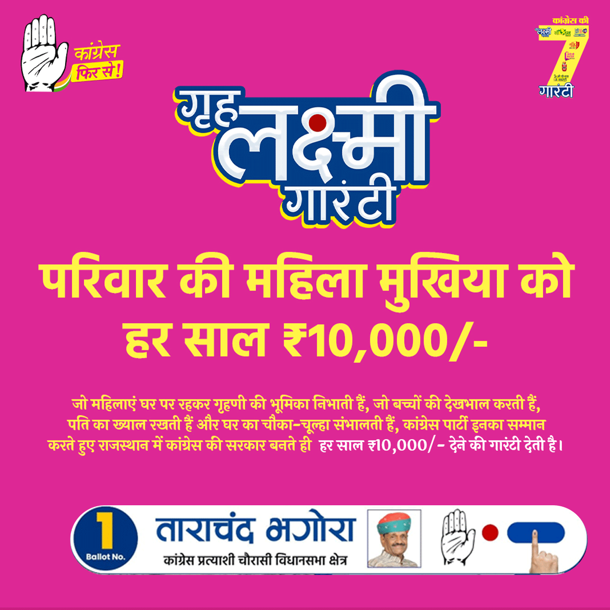 गृह लक्ष्मी गारंटी के अंतर्गत परिवार की महिला मुखिया को हर साल ₹10000 की गारंटी यह है राजस्थान मॉडल। #कांग्रेस_फिर_से #कांग्रेस_की7गारंटी