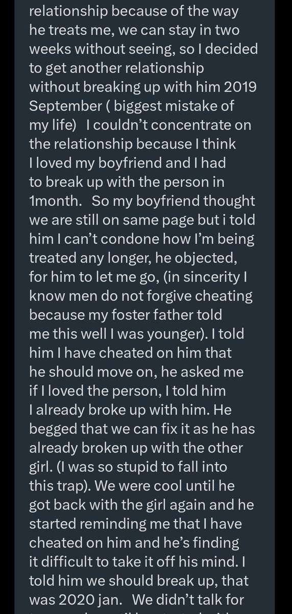 It's a long read.

You'll understand why I keep telling women not to use cheating as pay back.

Even if you do, make sure he doesn't know.

It doesn't matter how much you have sacrificed in that relationship.

He will not care &amp; he will not forgive.

The man is also a follower👇.