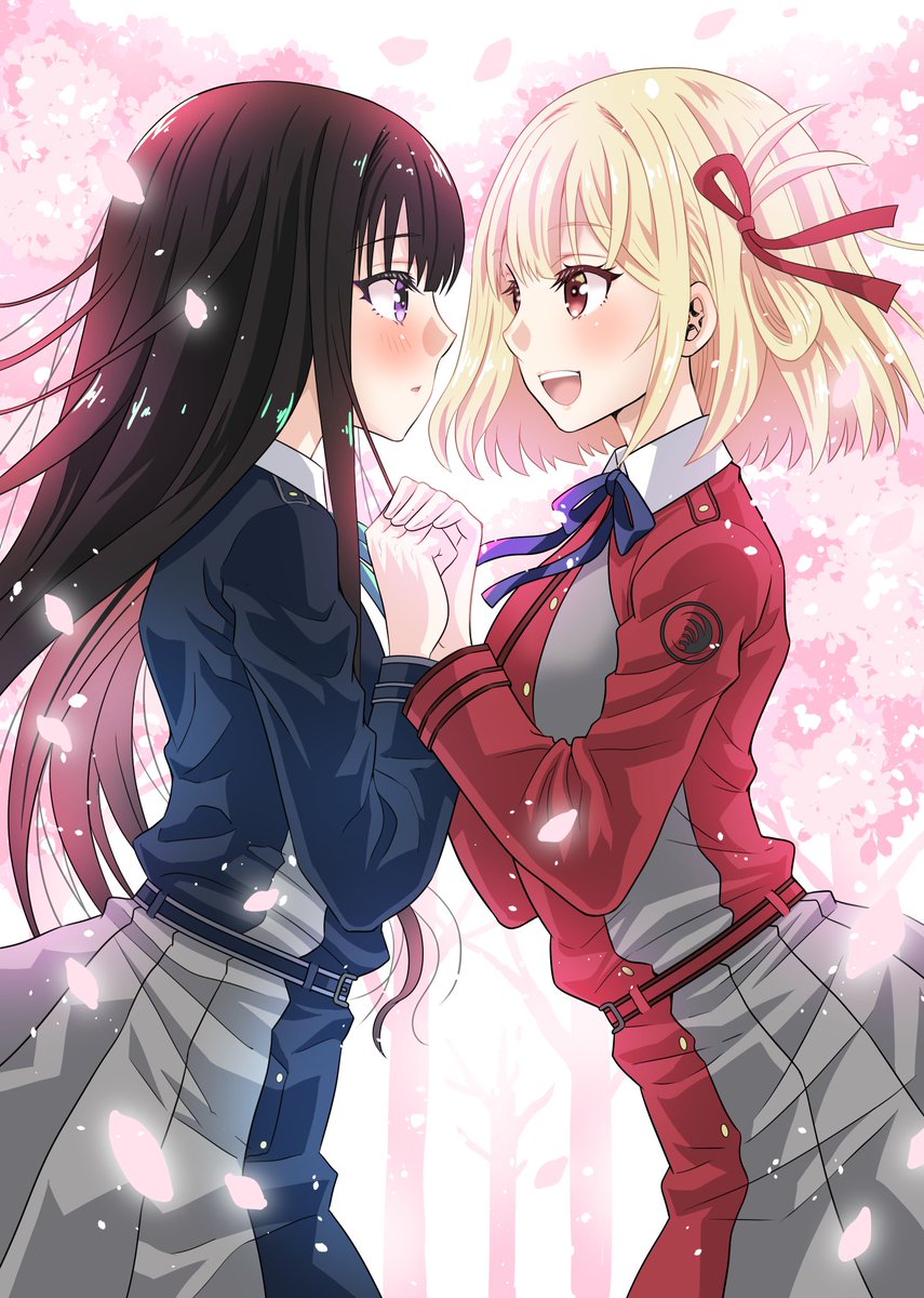 inoue takina ,nishikigi chisato multiple girls 2girls lycoris uniform yuri blonde hair long hair black hair  illustration images