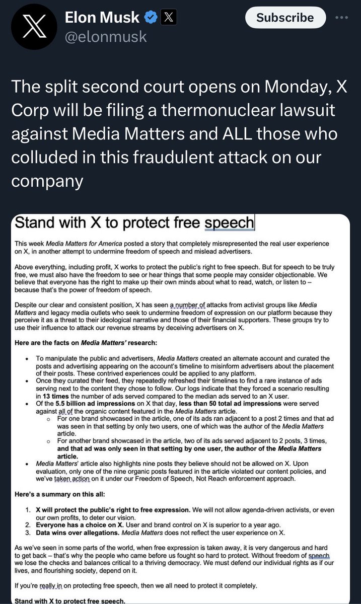Eyaaaad's tweet photo. إيلون ماسك ينشر قبل قليل بيان يطلب فيه التضامن مع منصة X من أجل حرية التعبير، وفي البيان ذكر بأن شركة X سترفع دعوى قضائية ضد المتسببين في حملة مقاطعة الإعلانات ومن ضمنها منظمة Media Matters متهماً إياها بتقويض حرية التعبير، وأن هذه المنظمة ووسائل الإعلام التقليدية يرون أن منصة X أصبحت تهدد سردياتهم المخصصة لأدلجة الجماهير.

في النهاية أكدوا أن منصة X ستحمي حق حرية التعبير للجميع، وأنهم لن يسمحوا لأصحاب الأجندات الضغط علينا.