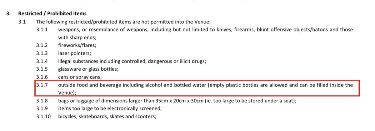 In light of what happened last night — Swiftie attending The Eras Tour Singapore in March 2024:

Bottled water are not allowed BUT empty plastic bottles are allowed and can be refilled from water coolers inside the Stadium. #SingaporeTSTheErasTour