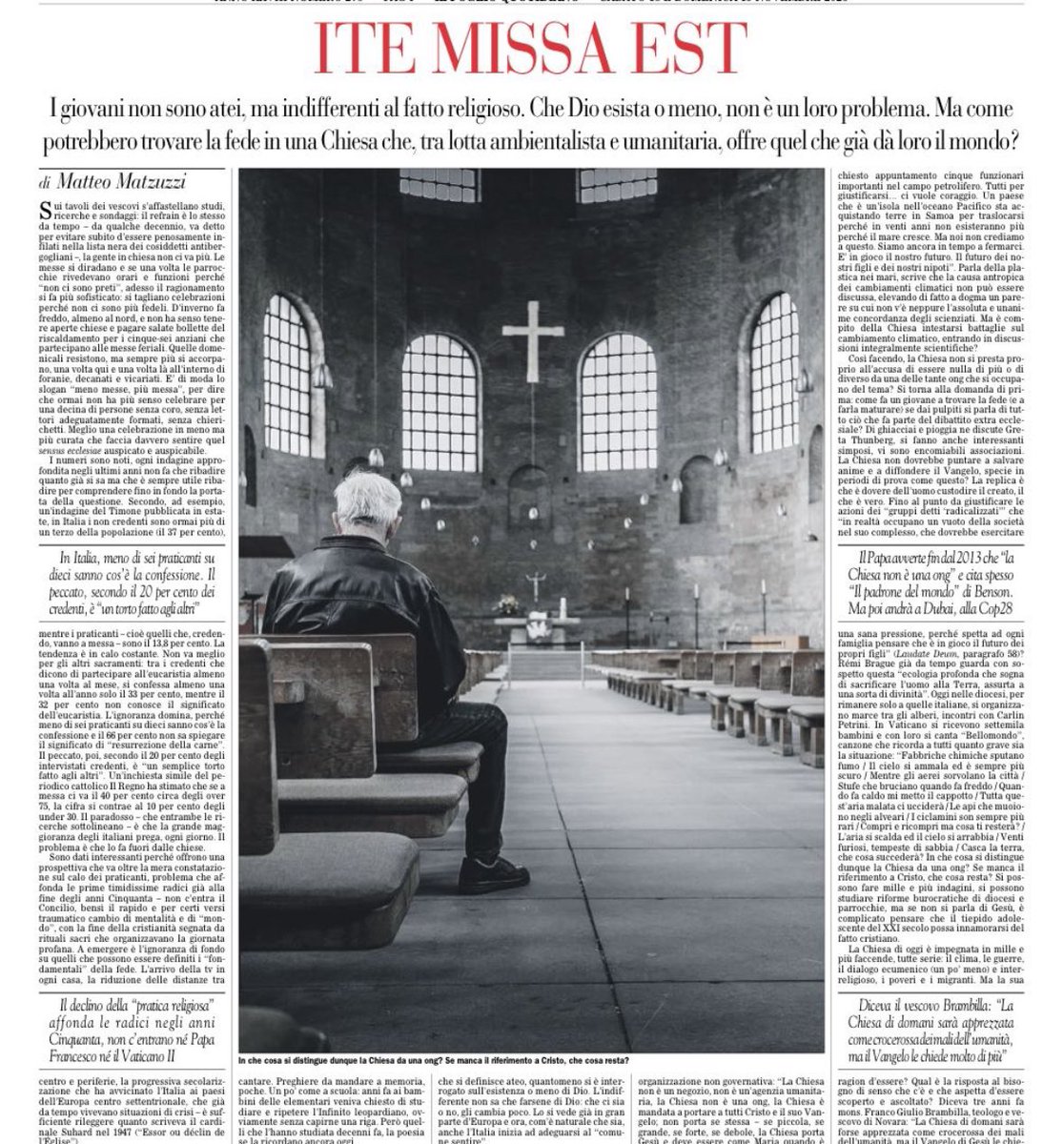 matteomatzuzzi's tweet photo. I giovani non sono atei, ma indifferenti al fatto religioso. Che Dio esista o no, non è un loro problema. Ma come potrebbero trovare la fede in una Chiesa che, tra lotta ambientalista e umanitaria, offre quel che già dà loro il mondo? Oggi su @ilfoglio_it https://t.co/Dvu0cnetpZ https://t.co/ky7ZXB8VwQ