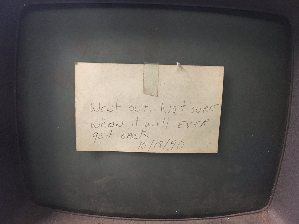 crtdude's tweet photo. At the @vcfederation workshop this weekend. I brought this terminal to work on. Ampex Dialogue 80. A little dirty. According to the note on the screen, it died in 1990. Unfortunately the keyboard connector is ripped off. No docs exist online so I'll have to figure out the wiring. https://t.co/6m6JM7Qj1x