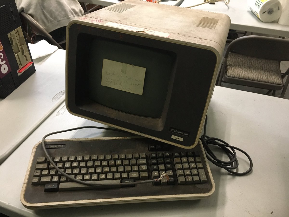 crtdude's tweet photo. At the @vcfederation workshop this weekend. I brought this terminal to work on. Ampex Dialogue 80. A little dirty. According to the note on the screen, it died in 1990. Unfortunately the keyboard connector is ripped off. No docs exist online so I'll have to figure out the wiring. https://t.co/6m6JM7Qj1x