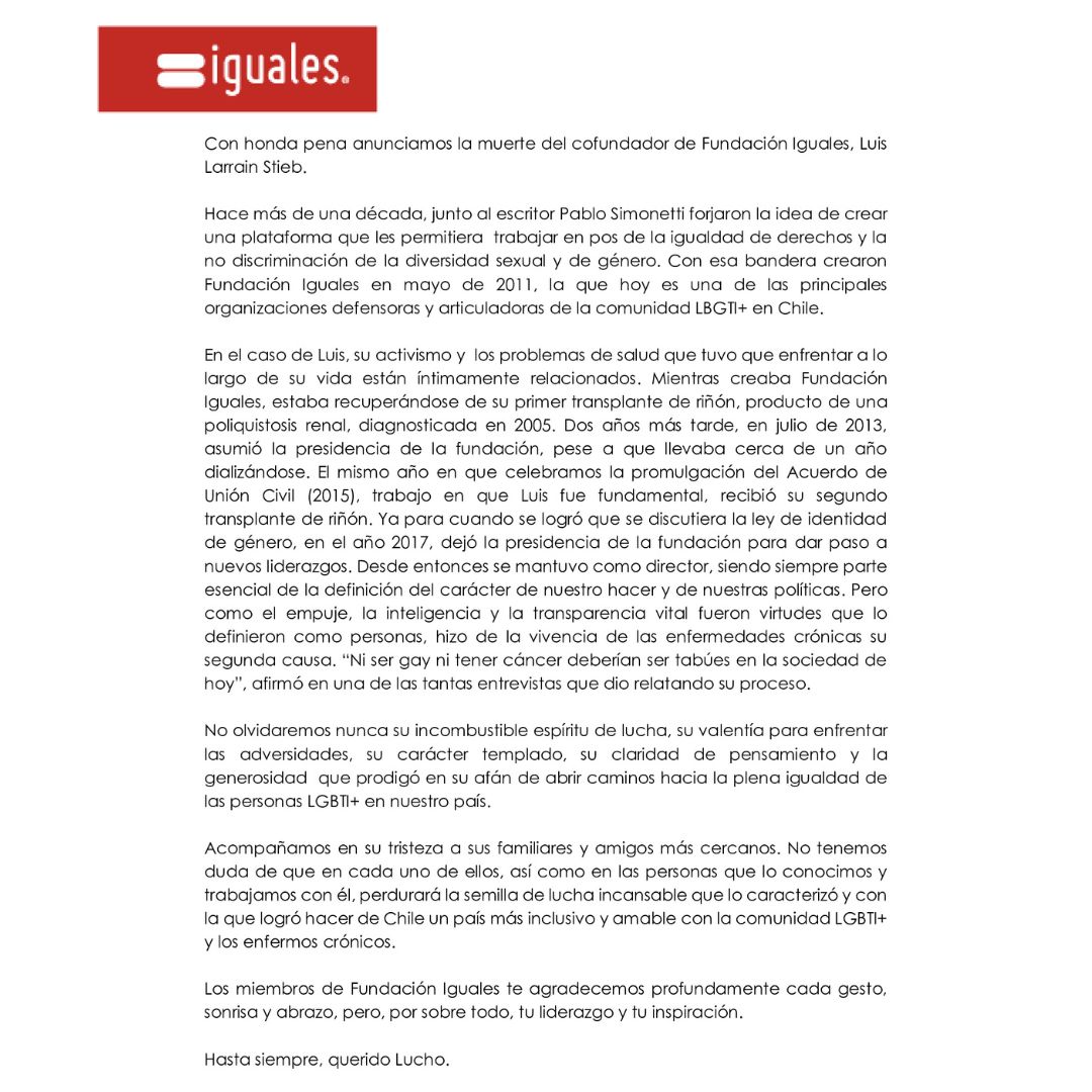 IgualesChile's tweet photo. Con honda pena comunicamos el fallecimiento del cofundador de Fundación Iguales, Luis Larrain Stieb. Hasta siempre, querido Lucho. https://t.co/xirSOO7CyI
