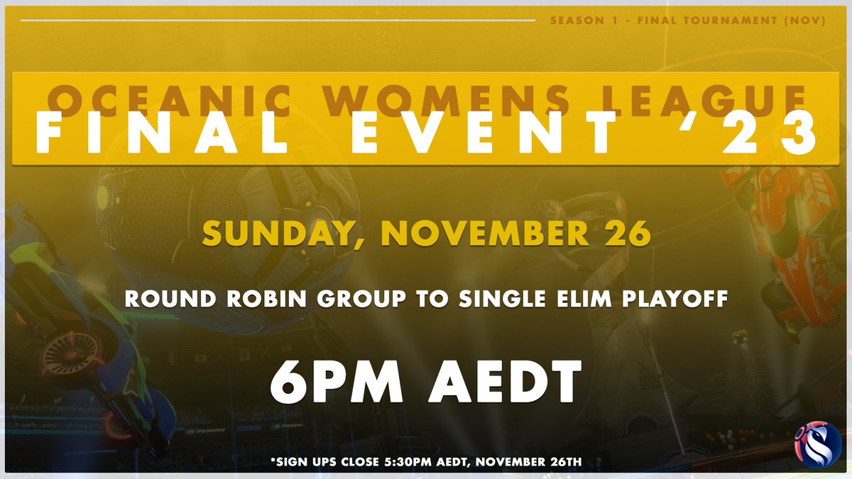 Proud to announce our FINAL event for the year, a good old regular 3v3 tourney for our amazing women's teams to cap off season 1! 

Held on Sunday, Nov 26th, kick off will be at 6pm AEDT.

We hope you're all hyped to tune into the ocewomensleague Twitch channel 📷