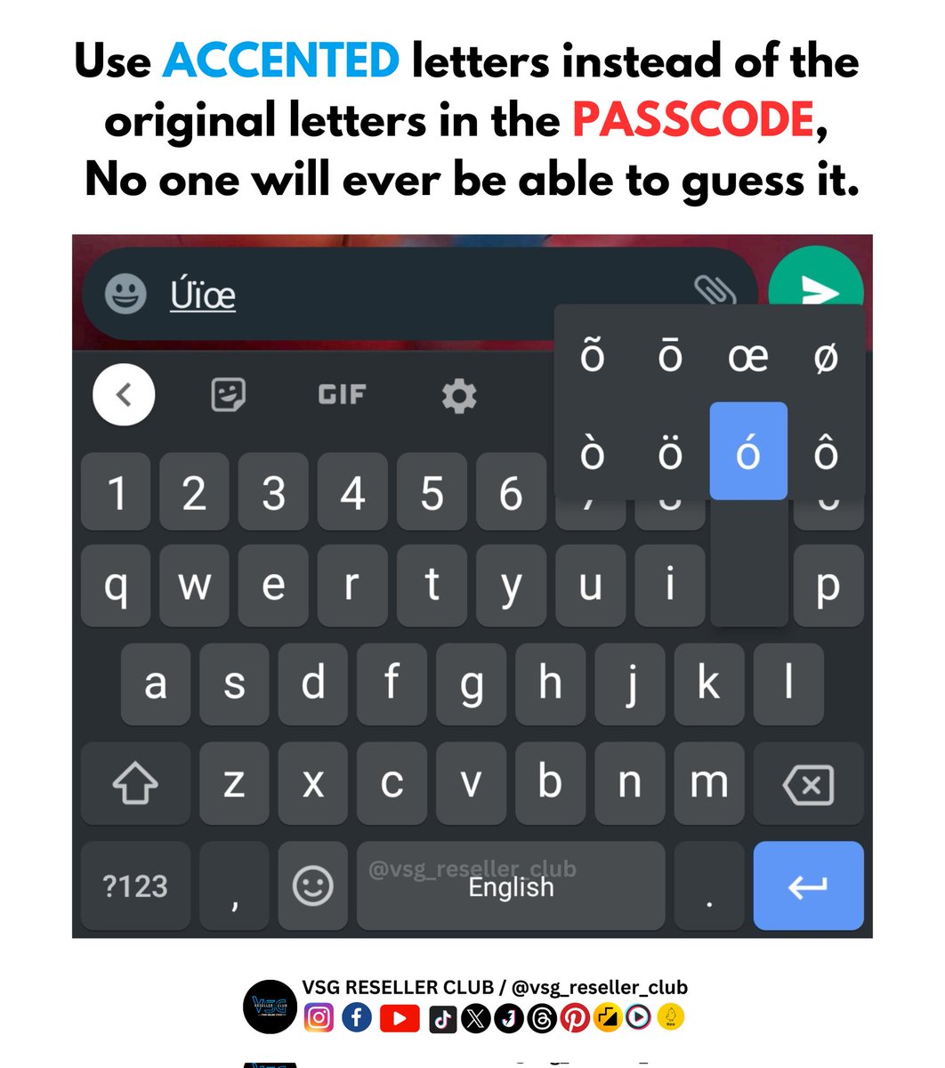 vsgresellerclub's tweet image. Enhance Your Password ,Add a Touch of Accents! 💡Level up your digital defense! 🔐
.
.
#vsgresllerclub
#PasswordHacks 
#DigitalDesign
#postereveryday
#lifehacks
#usado