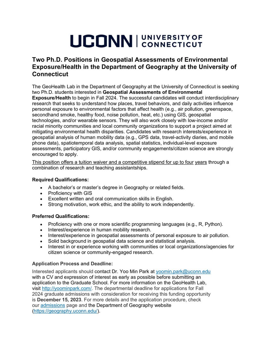 'RECRUITING GRADUATE STUDENTS

TWO PH.D. POSITIONS IN GEOSPATIAL ASSESSMENTS OF ENVIRONMENTAL EXPOSURE/HEALTH

The GeoHealth Lab in the Department of Geography at the University of Connecticut is seeking two PhD students interested in Geospatial Assessments of Environmental…