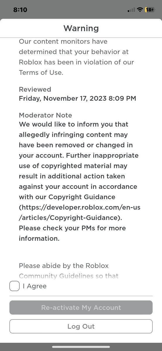 Hii123M's tweet photo. @ItsAustin00 WTF I didn’t do anything Roblox false warning https://t.co/qYuMKUy7aN