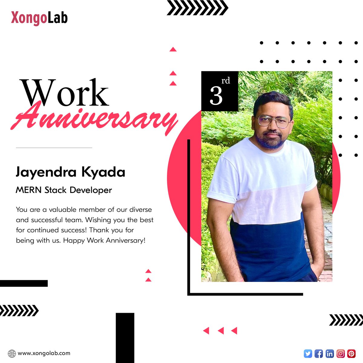 XongoLab's tweet photo. Happy 3rd #workanniversary Jayendra Kyada.

We #XongoLabians are wishing you many more successful and joyful years. Thank you for being such an integral part of #TeamXongoLab. We wish you all the best for the next ones to come! Keep up the good work!

#3rdWorkAnniversary https://t.co/eccG35Q30e
