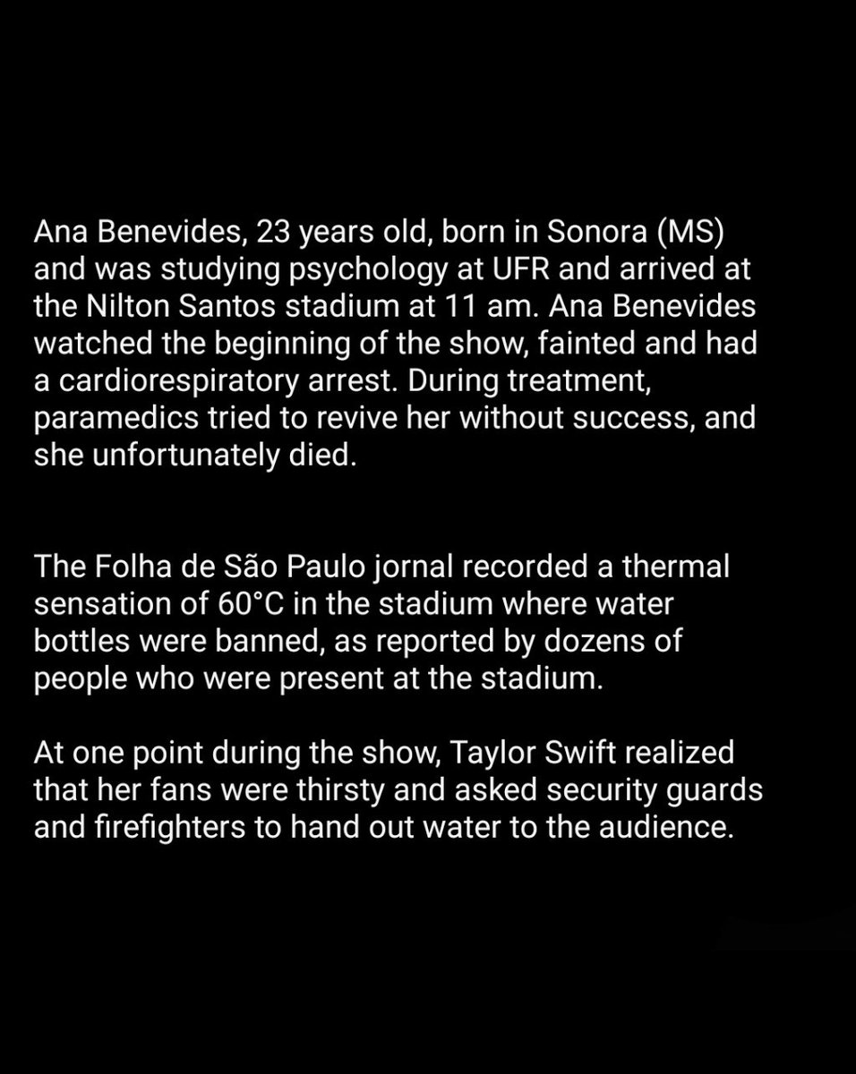 fernandosebert's tweet photo. New information about the death of swiftie Ana Benevides during #RioTSTheErasTour tonight. https://t.co/xmiGdGzrZZ