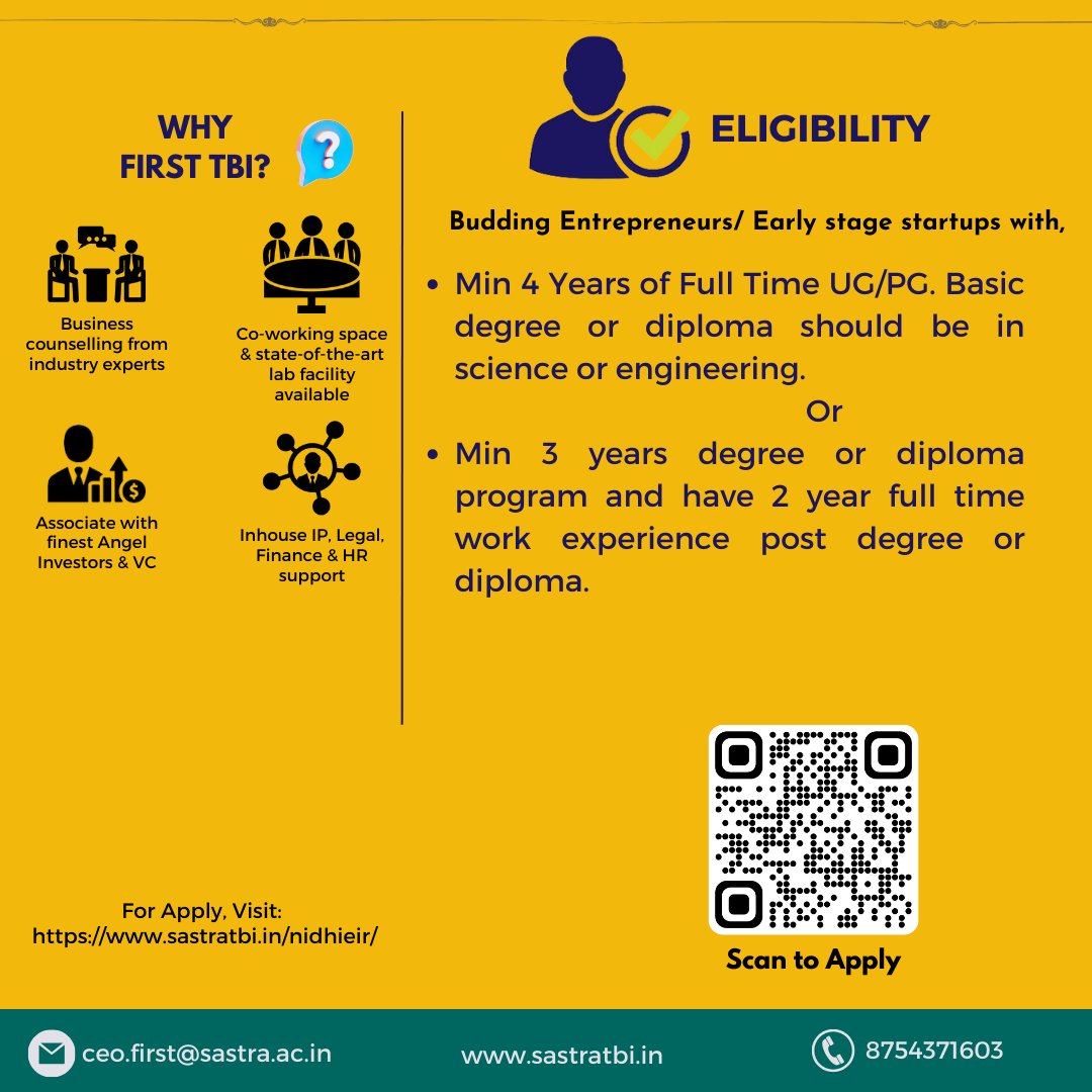Sastratbi's tweet photo. Entrepreneurs and startups, unlock limitless possibilities with Nidhi EIR Funding at FIRST TBI! Fuel your dreams, apply for the scheme by 30.11.2023: https://t.co/l4zXDLCchl 🌐 Join us in shaping innovation! 🚀#NidhiEIR #EntrepreneurshipJourney #FIRSTTBI #InnovationHub https://t.co/rUCi2Lix21