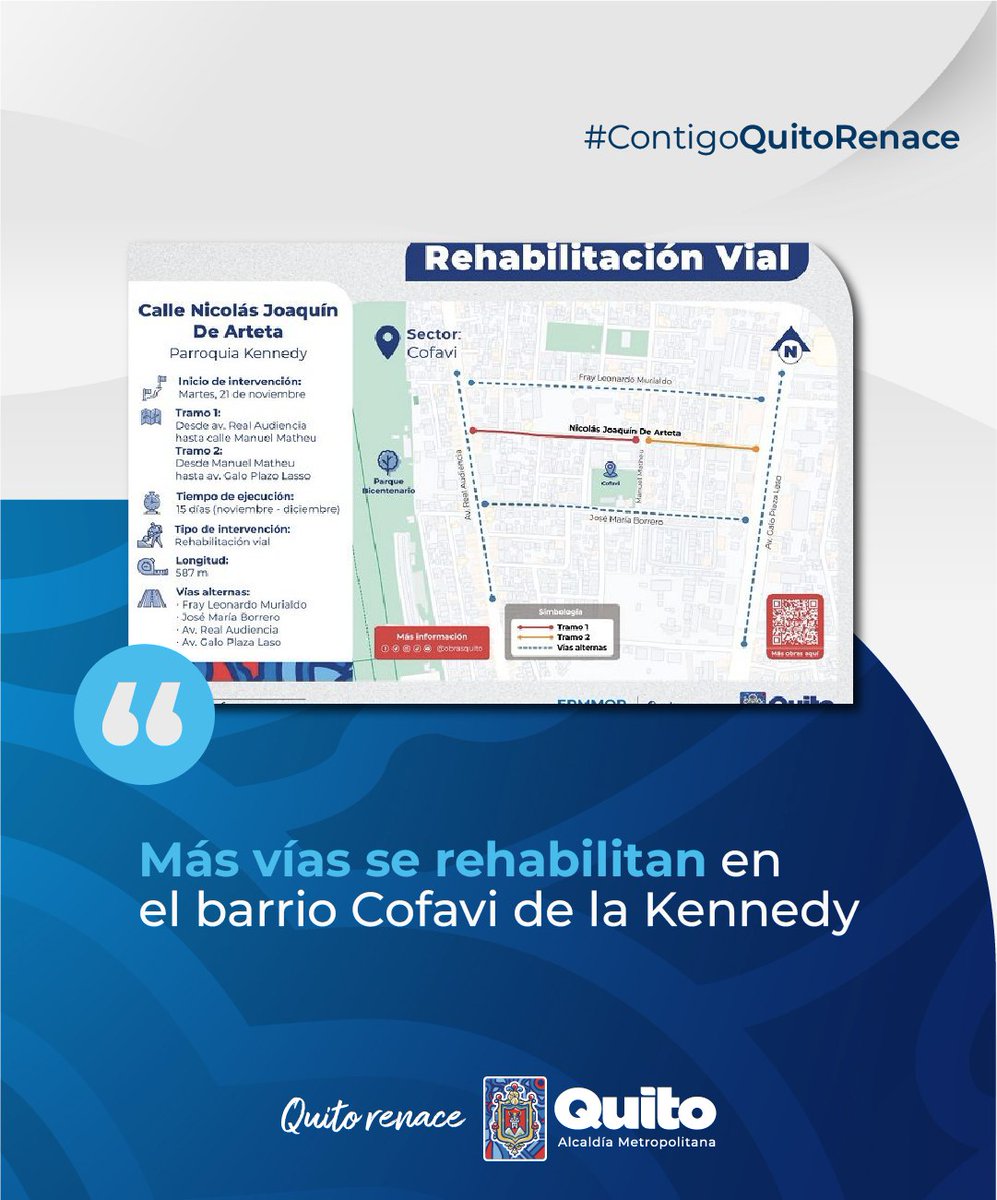 🗞️ #QuitoConObras | El martes 21 de noviembre @ObrasQuito iniciará la intervención de la calle Nicolás Joaquín de Arteta, con una longitud de 587 metros, vía de conexión transversal entre las avenidas Galo Plaza Lasso y Real Audiencia. 🔗 acortar.link/TieRSq #QuitoRenace