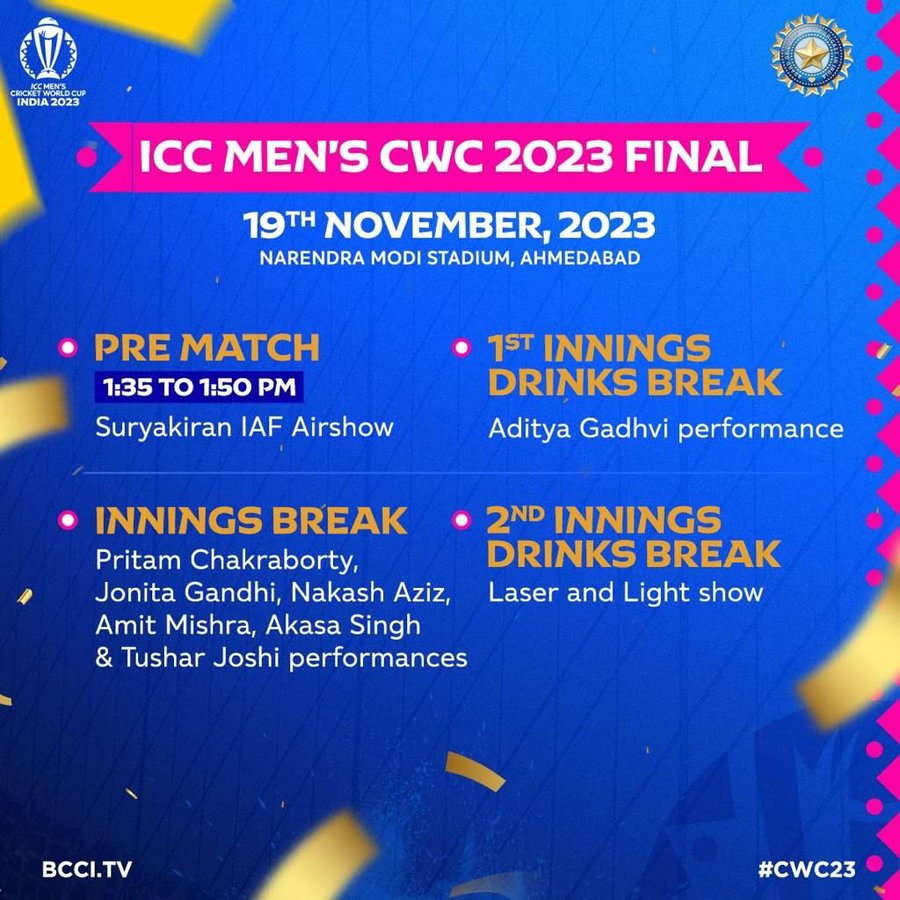 BCCI has released the World Cup Final Match Celebrations schdule