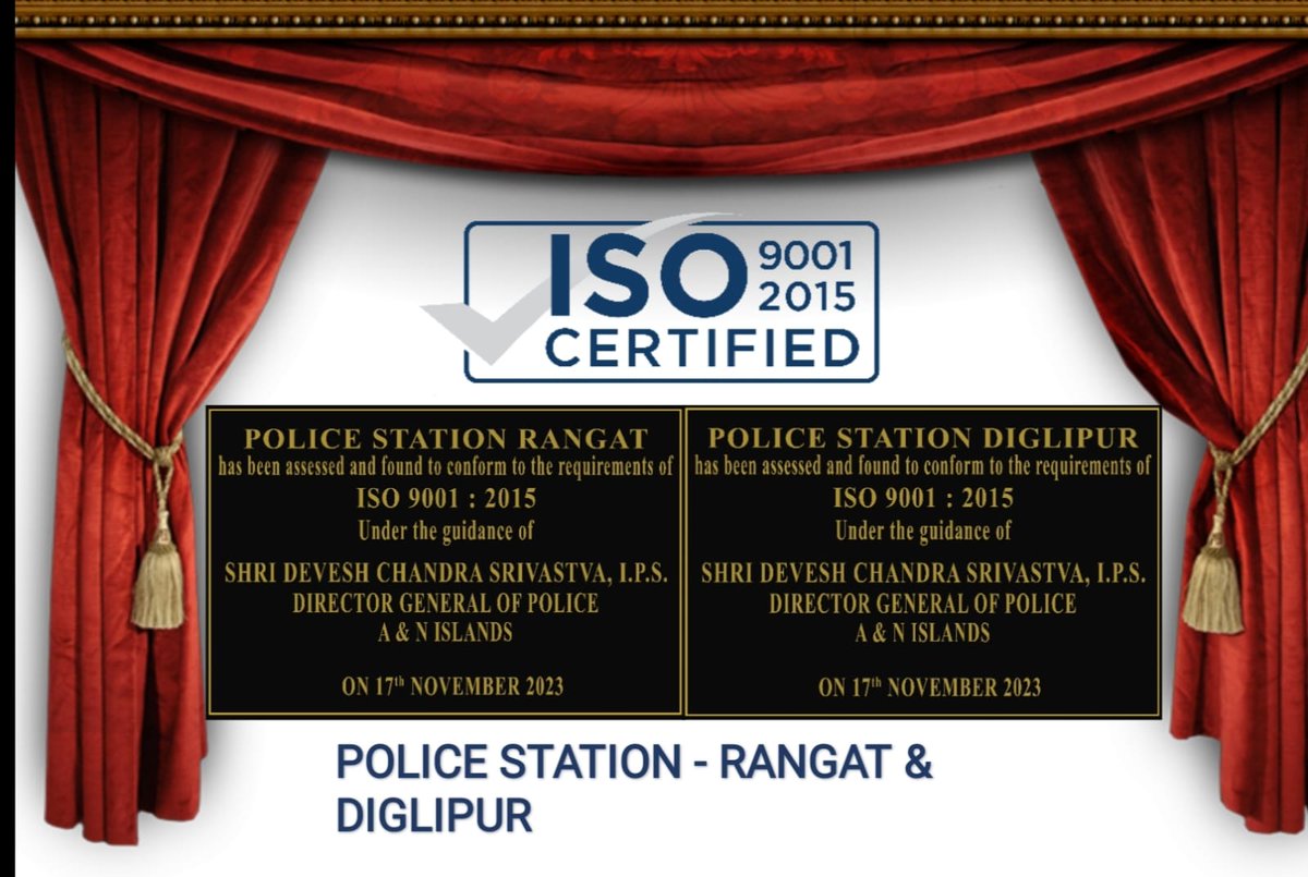 Kudos to the entire team for maintaining high standards and ensuring effective operations.
#ISO9001 #ExemplaryService #Andamanpolice4U
@MediaRN_ANI @PIBHomeAffairs @BPRDIndia @DGPANIslands @Andaman_Admin

For more info: tinyurl.com/2bec92wc