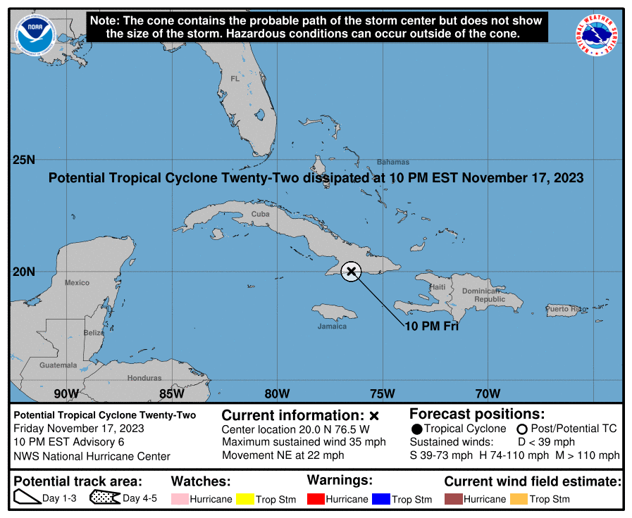 LimWeather's tweet photo. 10pm EST
All #TropicalStormWatch(es) due to #PTC22 cancelled and as per usual, life threatening #Flooding rains/#Mudslides likely
#Vince is very unlikely to be used now
#Tropicswx #Wxtwitter #HurricaneSeason2023 #HurricaneSeason https://t.co/68XVJ5hiYw