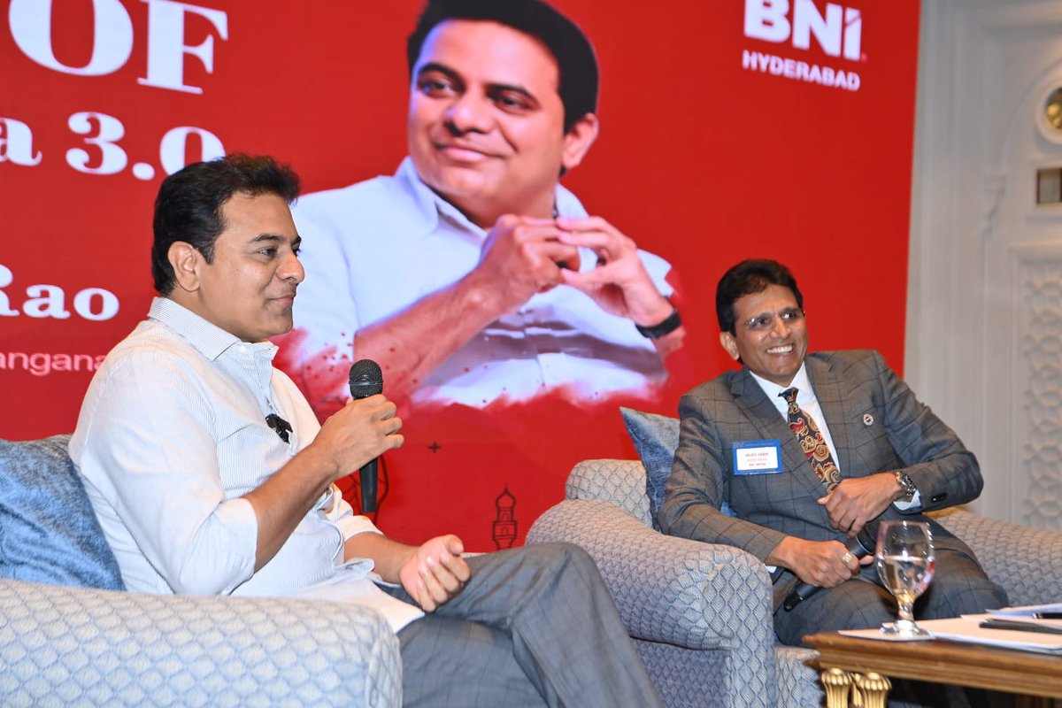 KTRBRS's tweet photo. Delighted to have joined Business Network International's (@BNIindia ) ‘Spirit of Telangana 3.0', in Hyderabad.

During this engaging event, I had the pleasure of discussing Telangana government's dedication to fostering a transparent and business-friendly administration. 

It was fulfilling to share insights on how this commitment has played a pivotal role in propelling Telangana emerge as an industry leader in the business landscape.

Further discussed on our vision and our plans to establish Hyderabad as the leading Global investment destination. 

BNI Hyderabad Chapter's role in enhancing the businesses ecosystem goes a long way and I truly appreciate this fact. The training, structure and technology offered by BNI to the local businesses especially to the MSME's, is a great value addition to the industry.

My hearty congratulations and best wishes to BNI Hyderabad. 👏🏼