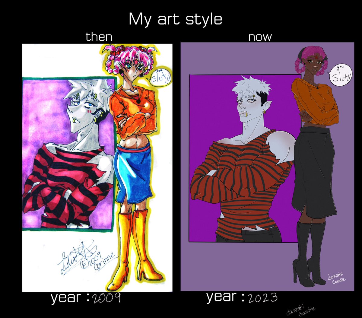 darkcat6's tweet photo. 🫣it’s funny to see my anime style evolution 🫣
I created this characters back at 1998 but I was happy to find this 2009 drawing of them 🤭❤️
they look so funny 😆 Iztaccoalt hair is a mess, xochilquetzal she’s always calling him out ❤️
#sketchart #webcomic #drawingevolution https://t.co/NfdvXyF0hN