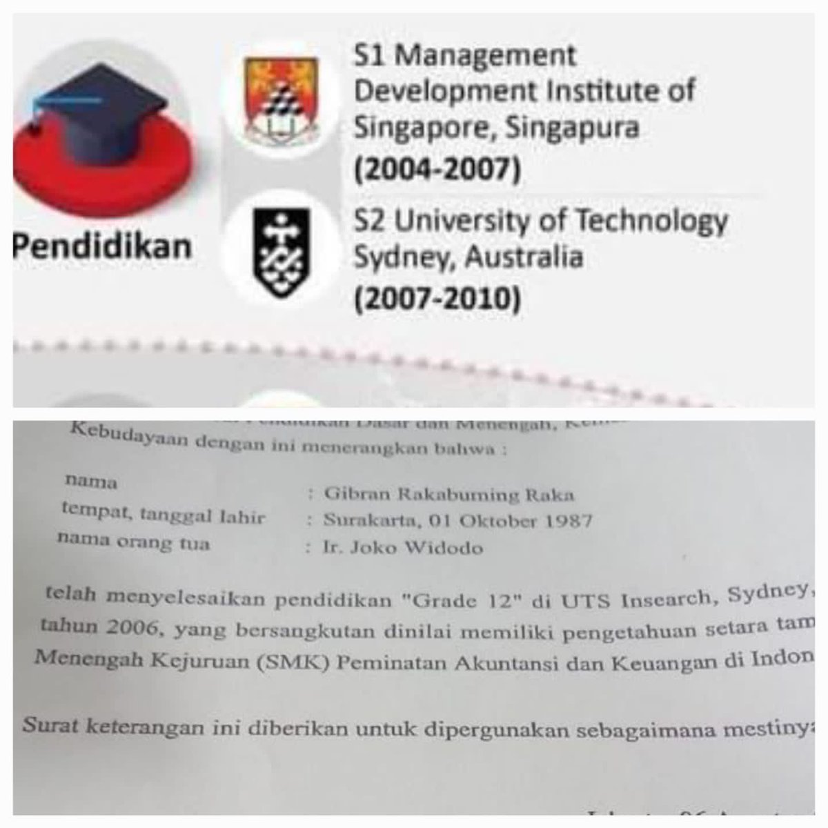 By <a href="/MBuitenzorgy/">Meilanie Buitenzorgy</a> 

Gibran hanya Tamatan SMA? (2)
Mengenal sistem pendidikan Singapura

Dari berbagai sumber baik Wikipedia maupun berbagai media, disebutkan histori pendidikan Gibran sbb:

2002 Masuk Orchid Park Secondary School (Singapore)
2007 Lulus dari Management Development