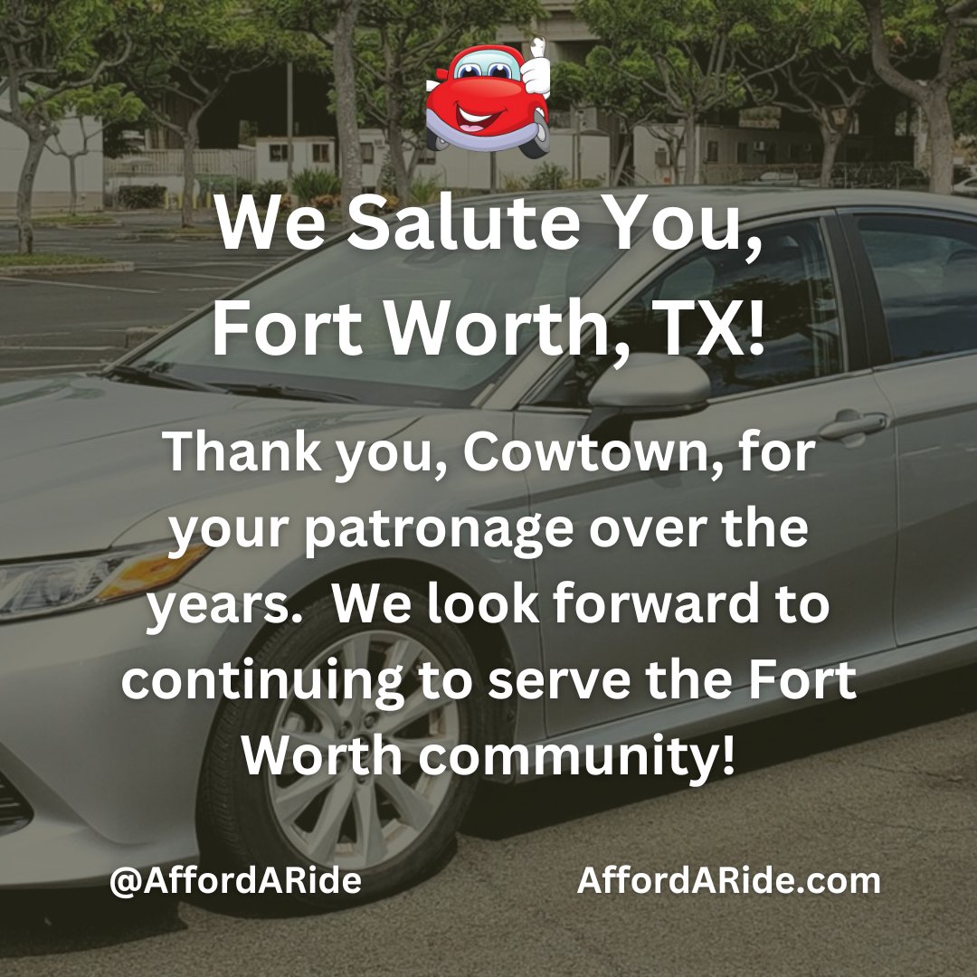 AffordARide salutes Fort Worth, Texas!

affordaride.com/locations/tx/d…

#fortworth #texas #dfw #fortworthtexas #fortworthtx #fortworthlocal #fortworthinsta #ftworth #tcu #visitfortworth #tx #fortworthfood #fortworthstockyards