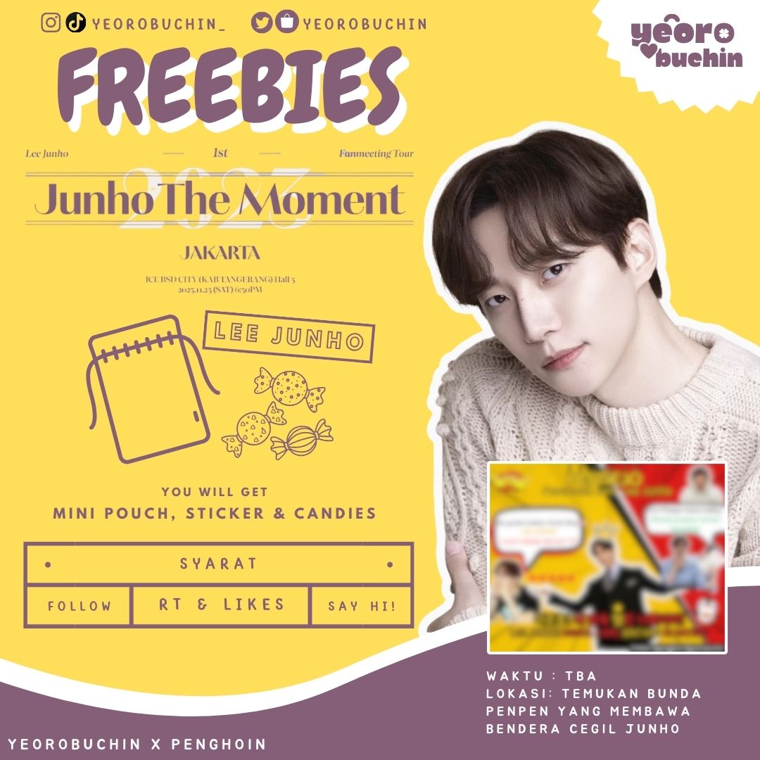 🍀 Freebies Fan Meeting Lee Junho x <a href="/penghoin/">Laras 🐧 펭펭엄마 🐰🐶🦊</a> 🍀

Halo! 🌞
Hottest~ Siapa yang mau freebies gemas dari Yeochin di #JunhoTheMomentinJKT 🥰✋
Catat ya~
🗓 Sabtu, 25 November 2023
📍 Area ICE, TBA
🎁 Limited qty
💚 RT, Like, Follow dan Reply "Aku mau!"

See You!🫶 #LJHinJKT_bagibagi