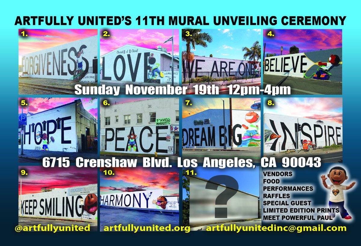Join us for a day of art and inspiration at Artfully United's 11th Mural Unveiling Ceremony! This Sunday, November 19th, from 12pm to 4pm, we're celebrating creativity and community at 6715 Crenshaw Blvd. <a href="/artfullyunited/">ArtfullyUnitedDoc</a>  @mikenorice