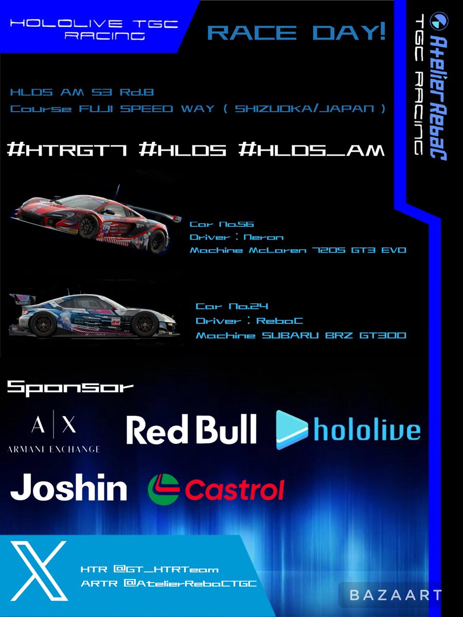 AtelierRebaCTGC's tweet photo. [🏁🏁RACE DAY🏁🏁]
Today 21:00 #HLDS_AM S3 Rd.8
コースは富士スピードウェイ。
遂にAmクラス、SEASON 3最終戦！
チャンピオンの可能性が残されているRebaCは、獲得するにはトップが絶対条件！
代表は今回不参加のAfterの想いを乗せて魔境の富士に挑む。
どんな結末が待っているのか…！？ https://t.co/56y8H8vQWe