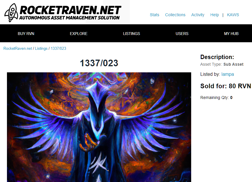 RocketRavenNet's tweet photo. Thank you @NFTRVN for supporting #Ravencoin #RVN #NFT #ART on https://t.co/Go9S0IEEpi
Congrats @lampacenter & @_CorvusCorax for your recent sales!
#Asset created by @RavencoinAssets has acheived tertiary markets on #RocketRaven
Thank you to all for being #raveites #KAW https://t.co/pFH0AN5X7M