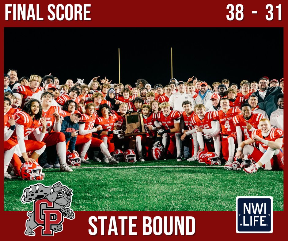 🔴 THE BULLDOGS ARE STATE BOUND! 🔴 The Bulldogs played amazing on the field tonight against Westfield ultimately leading to their success to the first semi-state win in program history. Indy here they come!

<a href="/CPdogsfootball/">Crown Point Football</a> | <a href="/school_crown/">Crown Point High School</a> | <a href="/CPHSSports/">CPHS Athletics</a> | <a href="/cpschoolcorp/">Crown Point Community School Corporation</a>