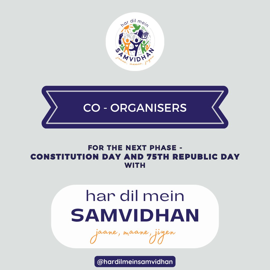 Samvidhan_75's tweet photo. Next phase ie Constitution Day and 75th Republic Day of Har Dil Mein Samvidhan has started today. Co-organisers from different parts of the country along with 600 partners from 200 districts of 23 states have joined this campaign. 
Let’s celebrate with #hardilmeinsamvidhan https://t.co/Jfa8viRQhG