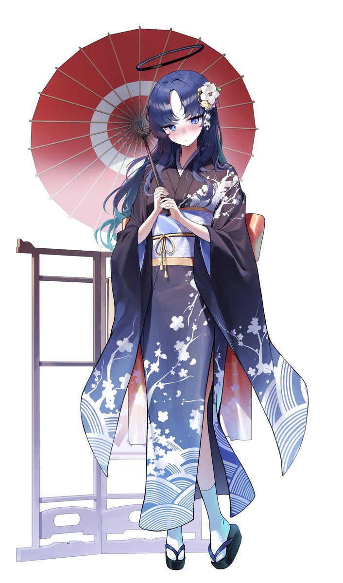 yuuka (blue archive) 1girl japanese clothes umbrella solo kimono hair ornament flower  illustration images
