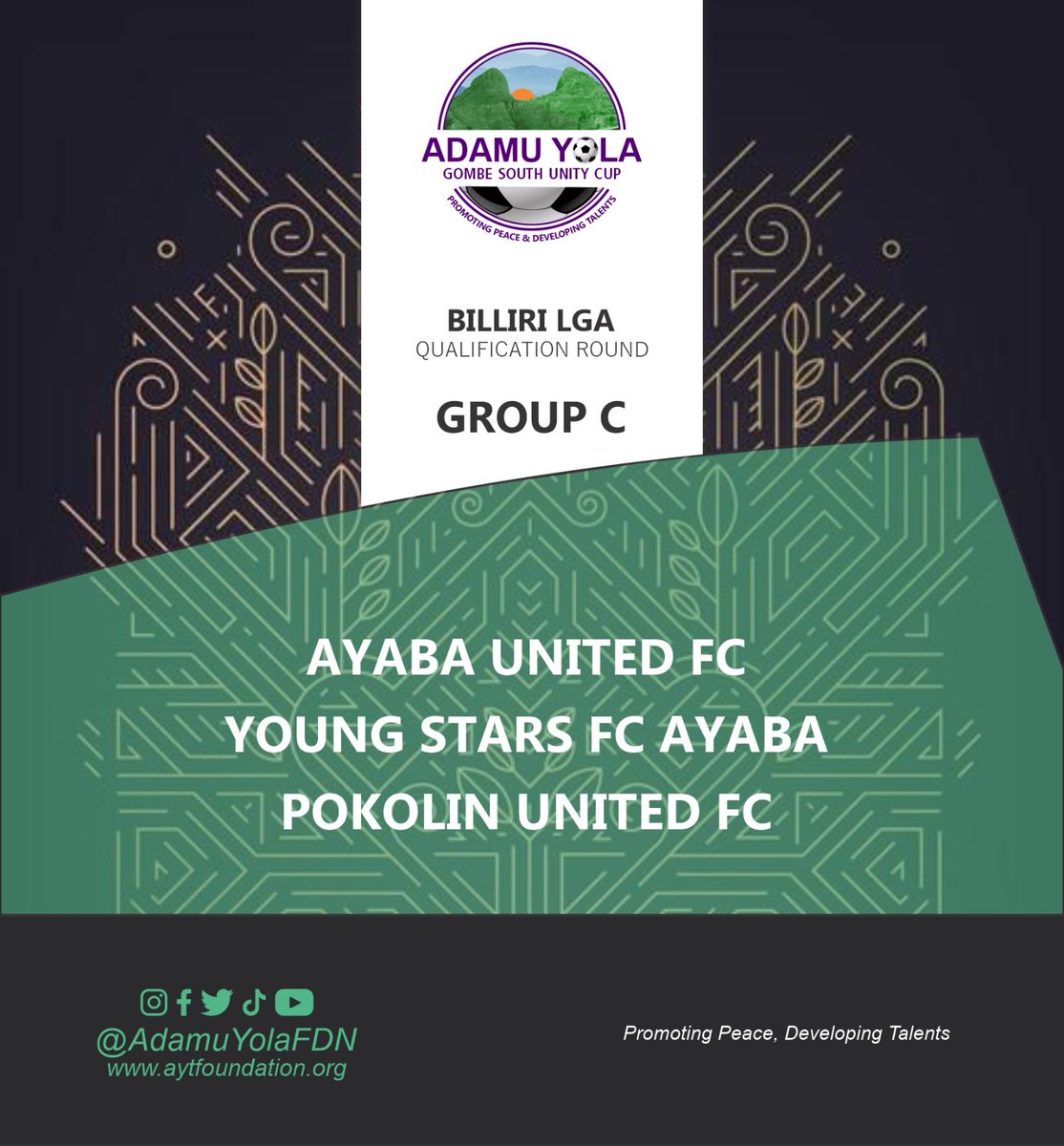 AdamuYolaFDN's tweet photo. This was how the teams from Billiri were drawn for the #QualificationRound 

Winners of each group go into the #Playoffs for a place in the #FinalRound.

#AdamuYolaCup 
#AdamuYolaFoundation https://t.co/41vPHjJW4O