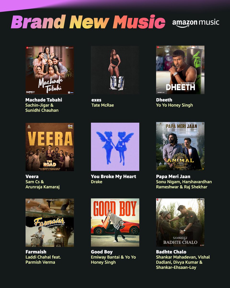 AmazonMusicIN's tweet photo. Whether it’s the energetic vibe of #MachadeTabahi or the deep realisations from #YouBrokeMyHeart one thing is for sure, the #BrandNewMusic lined up for you is sure not going to disappoint 🤝 🙌
https://t.co/z0WzoUTys7

#NonStopPartyWithAmazonMusic https://t.co/VFYBzcpU99