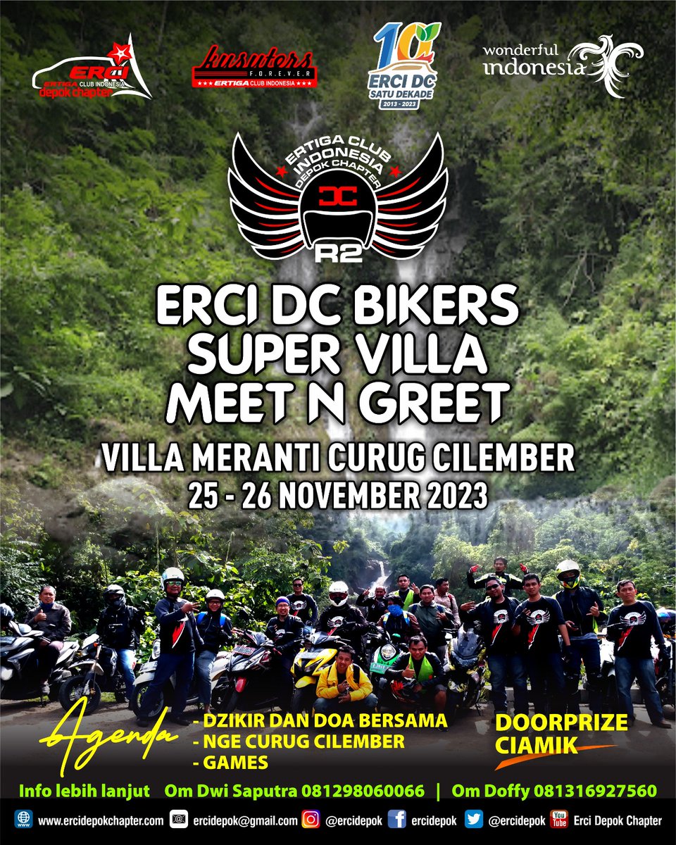 Hallooo om/nte…

Seperti biasa mimin mau info akan ada kegiatan sosial R2 meet &amp; greet di Nov ini pada :
Day/tgl : sat-sun,25-26 Nov 2023
Venue:Villa Meranti Cisarua
Jam: 08.00 s/d ming siang
HTM:250k (include mkn mlm &amp; Pagi)

Sampai bertemu di acara ya guys..