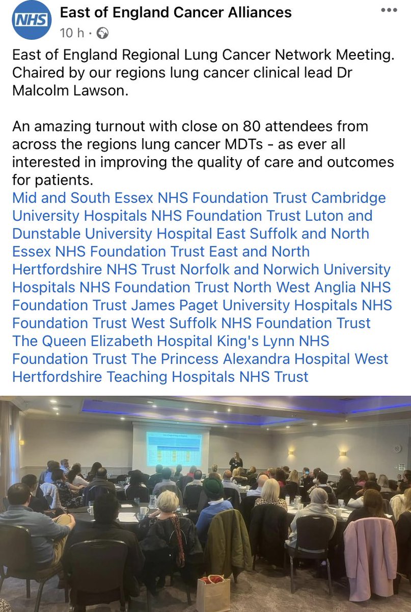 SarahBodsiller's tweet photo. Around 80 lung clinicians attended a great event by the East of England Cancer Alliance @EOE_cancer, where I presented the latest data 

With 4,120 diagnoses each year, early stage is just 30%. We had excellent talks on lung health checks, new  treatments and improving outcomes https://t.co/jM9Db7Fm3p