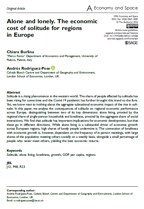 "#Alone and #lonely. The economic cost of #solitude for #regions in #Europe", with <a href="/chiarabu2/">Chiara Burlina</a>, has just come out in the November 2023 issue of <a href="/economyandspace/">EPA: Economy and Space</a>.
Free for all to read. #OpenAccess 
doi.org/10.1177/030851…