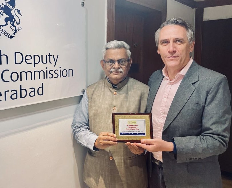 UKinHyderabad's tweet photo. As always great to speak with Dr Vasudev from @SwastavaC about their inspiring work to improve cancer awareness and early detection which help to minimise the risk of a disease that accounts for 1 in 6 worldwide deaths per year. https://t.co/HIMEBn7ZFH