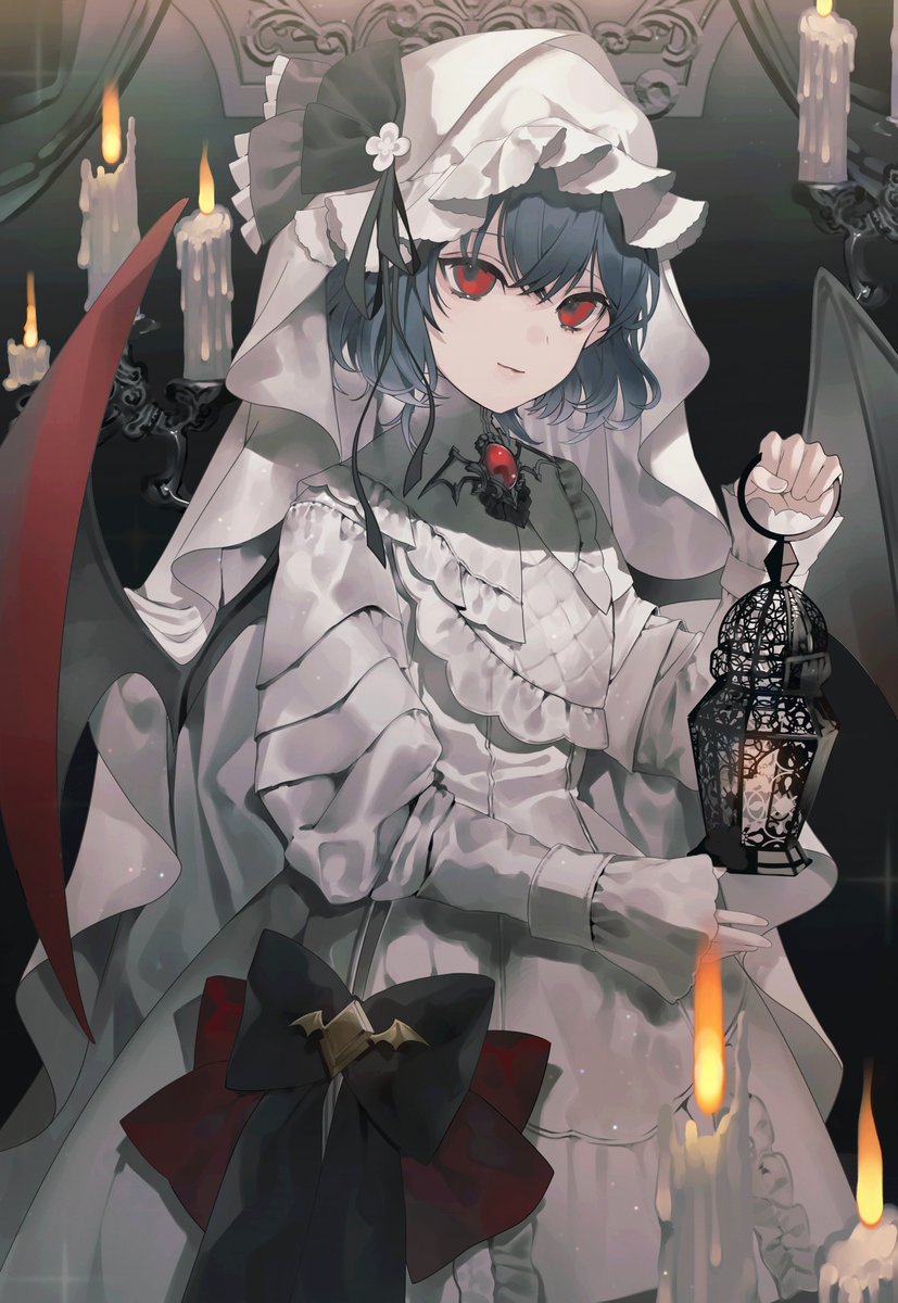 remilia scarlet 1girl candle red eyes solo wings dress holding  illustration images